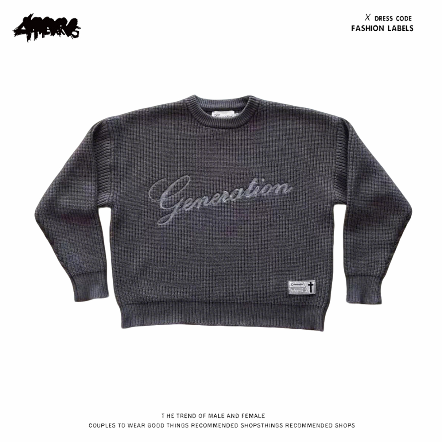 y2k hoodie~复古字母印花圆领毛衣男女宽松百搭针织衫潮流套头衫