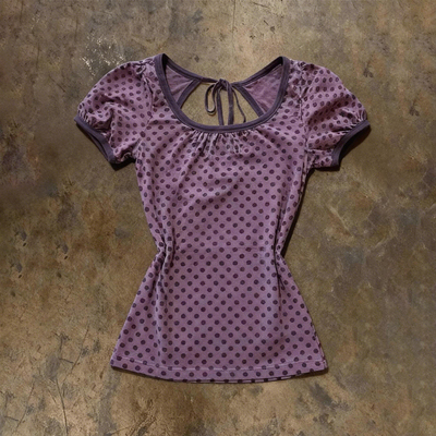 Y2K 千禧辣妹风紫色波点抽褶T恤亚文化美式复古收腰显瘦短袖上衣