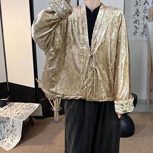 半自由冬款新中式V领金丝绒系绳绑带袖口刺绣夹棉外套气质棉服