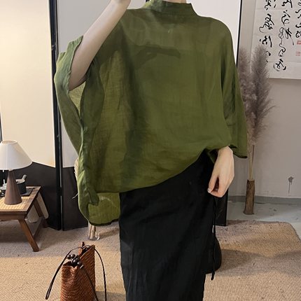 半自由原创夏新款套头衫文艺设计感轻薄苎麻系带宽松小衫纯色上衣