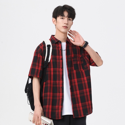 OCW潮牌 港风复古格子短袖衬衫男2025夏季新款青少年宽松休闲外套