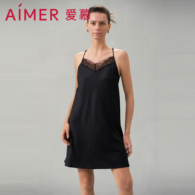 爱慕褶涧睡衣女春夏细带吊带短款含丝性感蕾丝睡裙AM429551