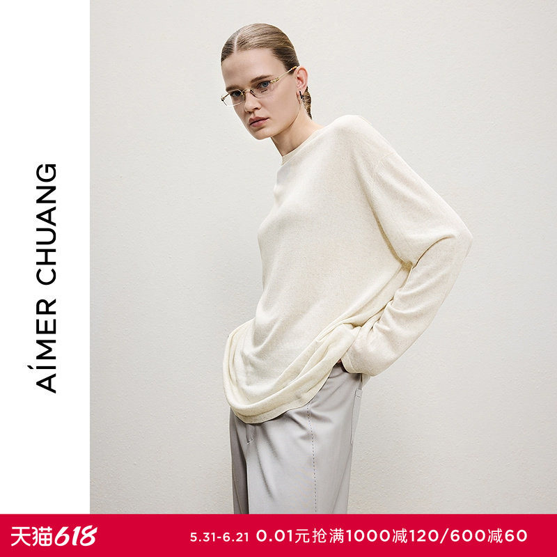AIMER CHUANG相蕴3春夏女针织亚麻混纺圆领长袖上衣CA812272