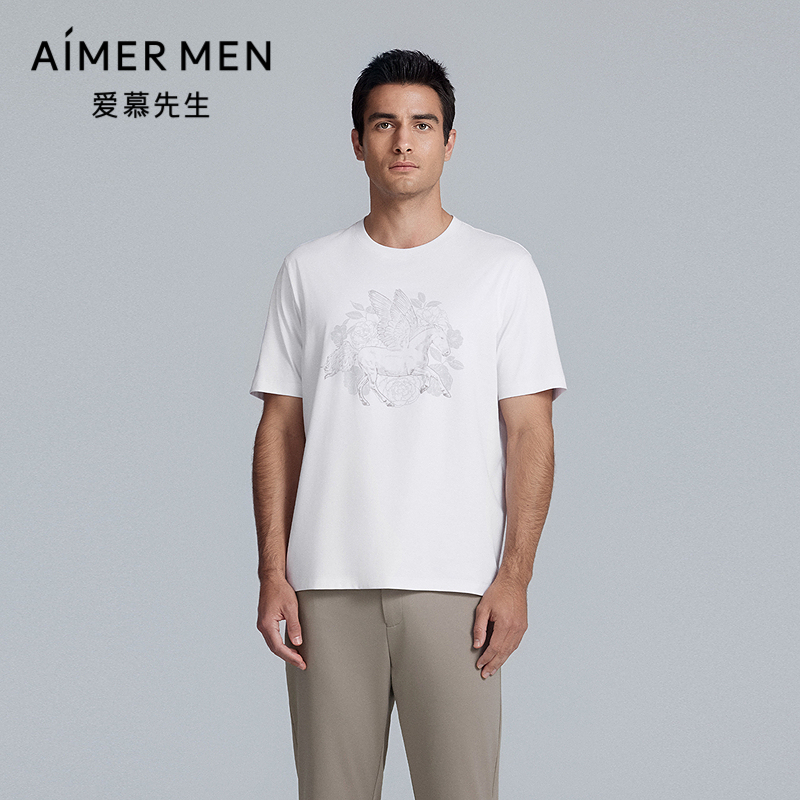 爱慕先生25春夏轻休闲创意类T男士棉质含桑蚕丝圆领短袖NS81M151