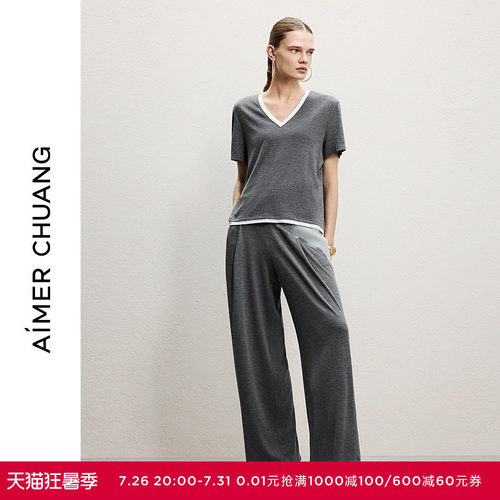 AIMER CHUANG槿言春夏女士含羊毛混纺可外穿直筒长裤CA472241
