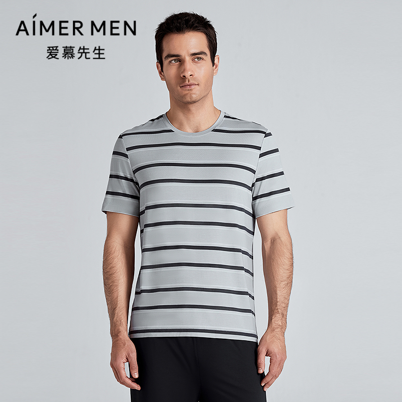 爱慕先生25春夏条纹情怀睡衣男莫代尔舒适圆领套头短袖NS41M021