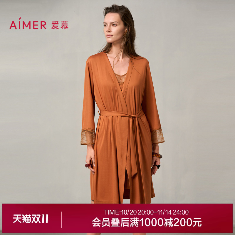 爱慕梦远星河睡衣女24秋冬薄款蕾丝晨袍莫代尔睡袍家居服AM48A041