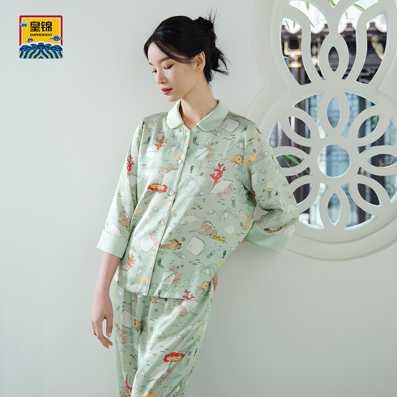 愛慕皇錦真絲睡衣女士春夏七分袖圓領(lǐng)分身套裝-海錯圖HJ21530