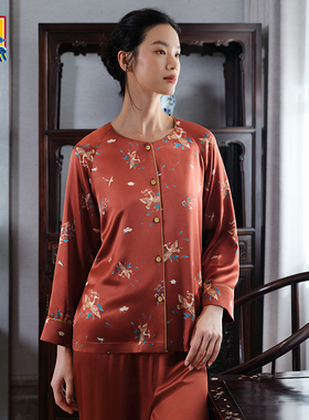爱慕皇锦印花睡衣女秋冬红色桑蚕丝中厚家居套装-飞鸟衔花HJ21510