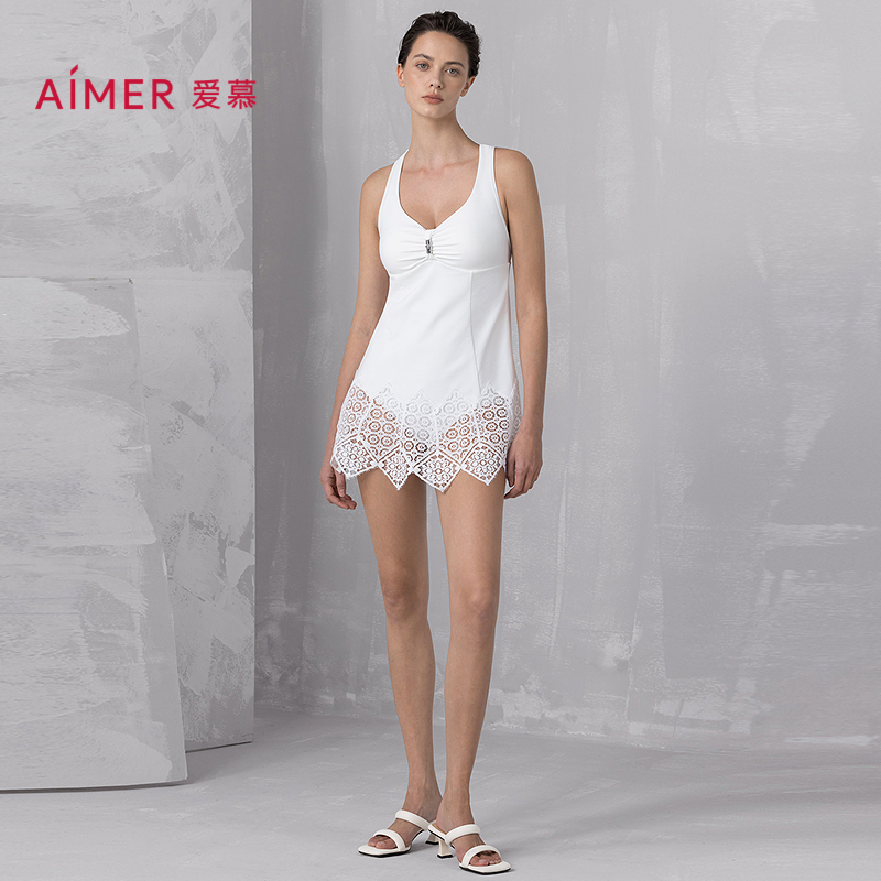 爱慕夏时女士海边性感蕾丝裙式连体泳衣AM68B313