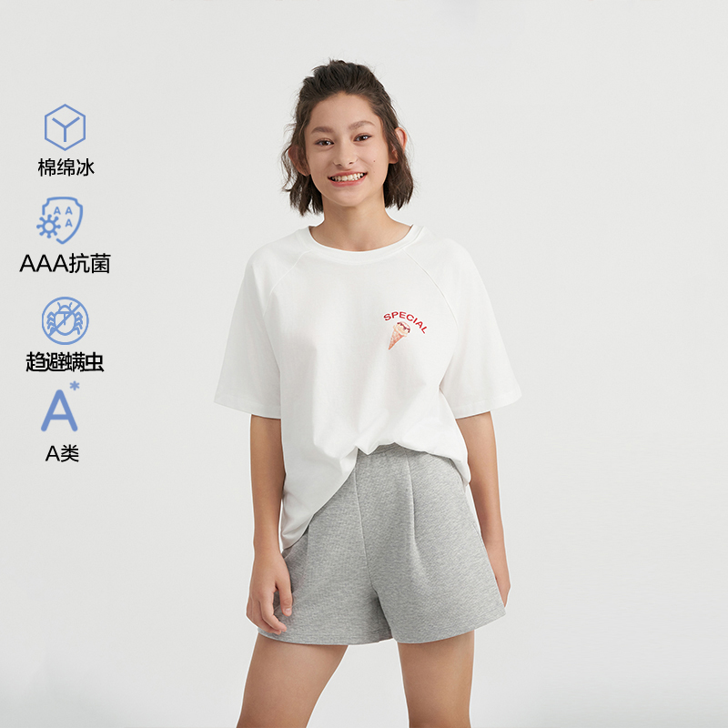 爱慕少女女童防螨家居服凉感可外穿3A抗菌短袖上衣三分睡裤夏纯棉