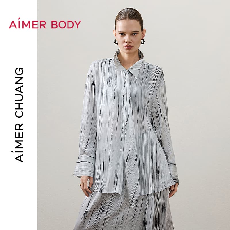 AIMER CHUANG26春夏调性女士丝皱缎飘带领长袖衬衫CA812322