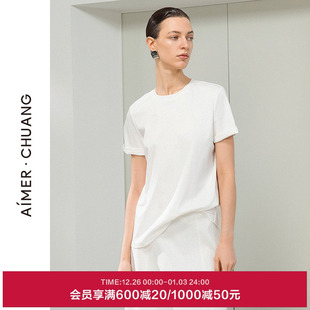 AIMER T恤上衣CA721792 CHUANG春夏不染2女士棉质双面布圆领短袖