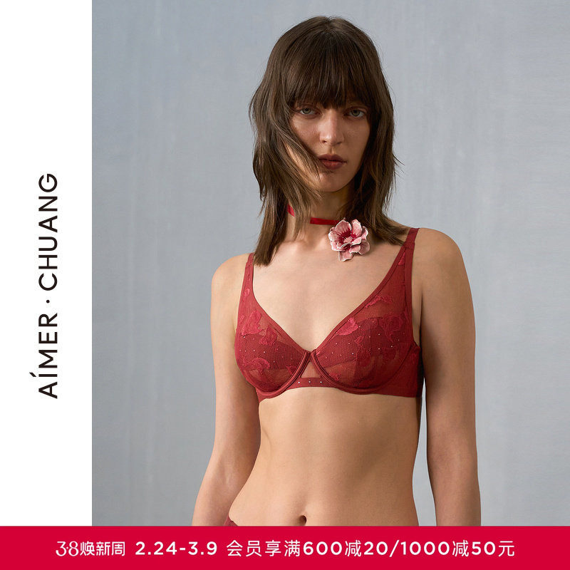 AIMER CHUANG玫瑰4内衣女4/4轻薄杯大胸显小红色文胸CA131401