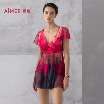 爱慕25春夏花颜泳装女士海边沙滩裙式分体平角泳衣AM67A902