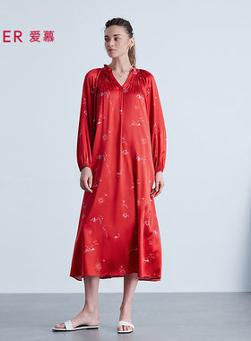爱慕秋冬季日照金山开运系列睡衣女红色本命年九分袖睡裙AM44B641