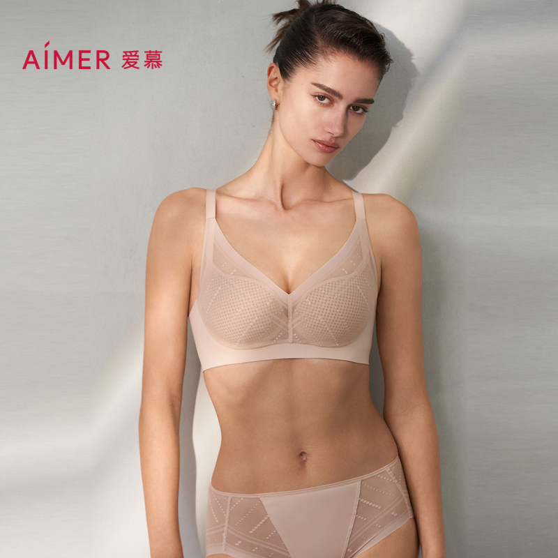 爱慕浅夏内衣女软钢圈蜂巢薄模杯大胸显小性感蕾丝文胸AM119381