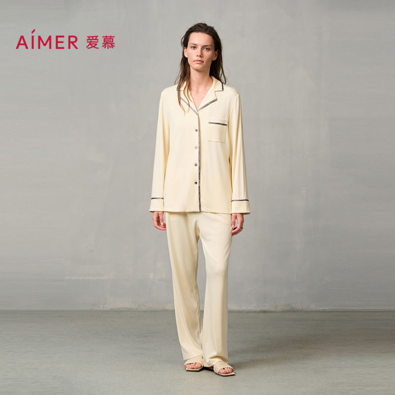 爱慕燚家居睡衣女秋冬柔软舒适开衫长袖长裤分身家居套装AM46A151