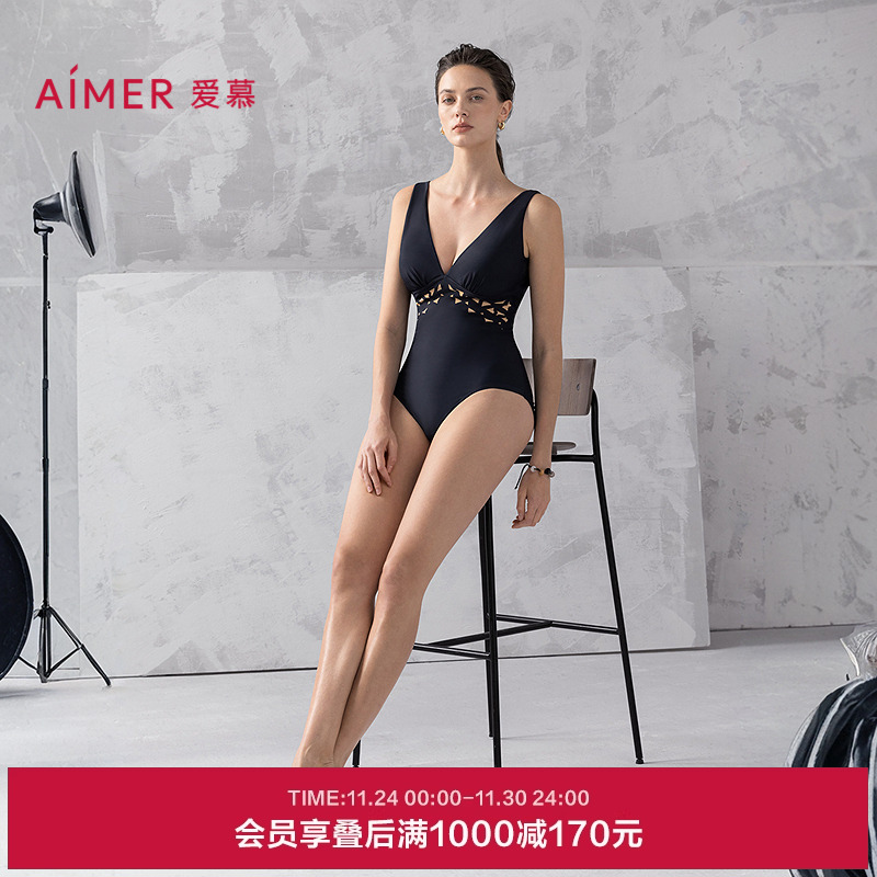 爱慕夏时女海边沙滩温泉收腰显瘦性感深V领镂空连体泳衣AM68B312