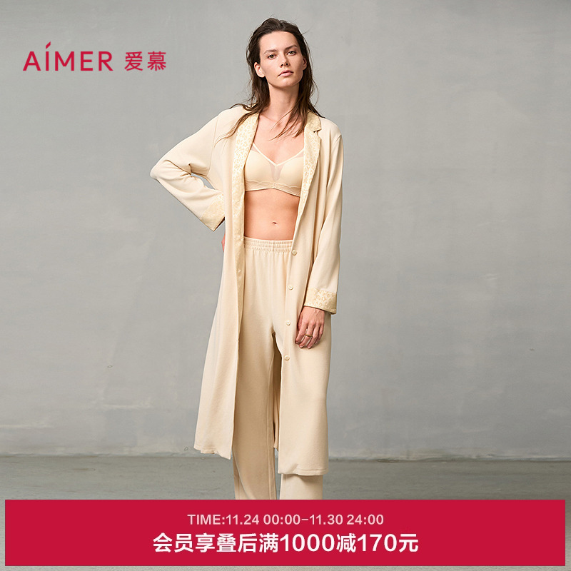 爱慕亲肤暖丝睡衣女含桑蚕丝抗静电开衫长袖长袍睡袍AM48A121