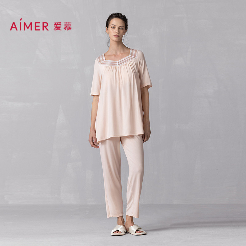 爱慕25春夏沁凉家居女抗菌凉感带胸垫短袖九分裤分身套装AM46B111