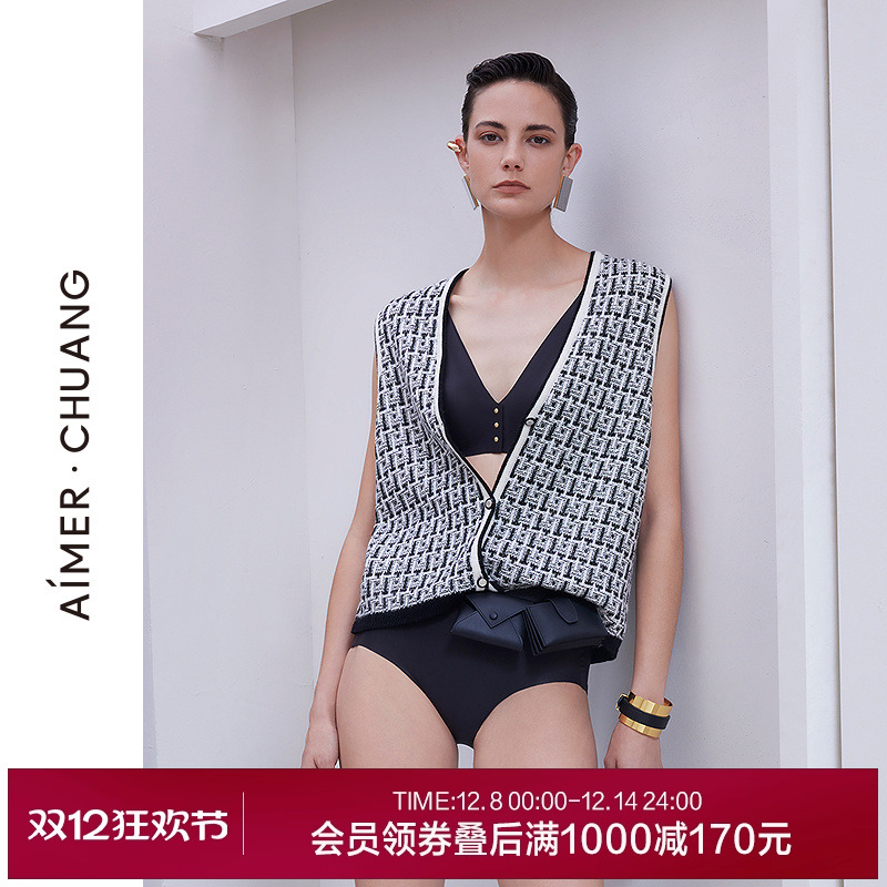 AIMER CHUANG和光2秋冬女含羊毛羊绒深V领开衫马甲CA812051