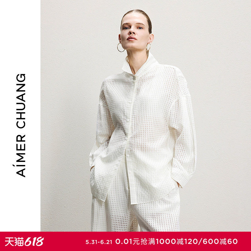 AIMER CHUANG时语3女士含桑蚕丝含羊毛镂空翻领长袖衬衫CA812331