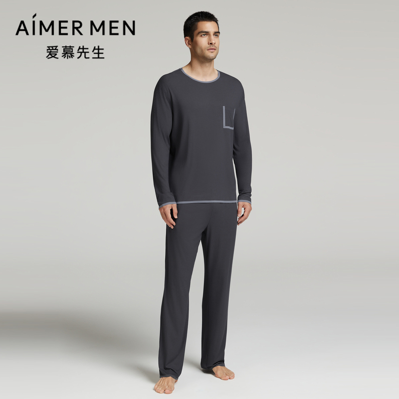 爱慕先生1号睡眠衣男春夏新圆领套头/女士带胸垫长袖家居套装