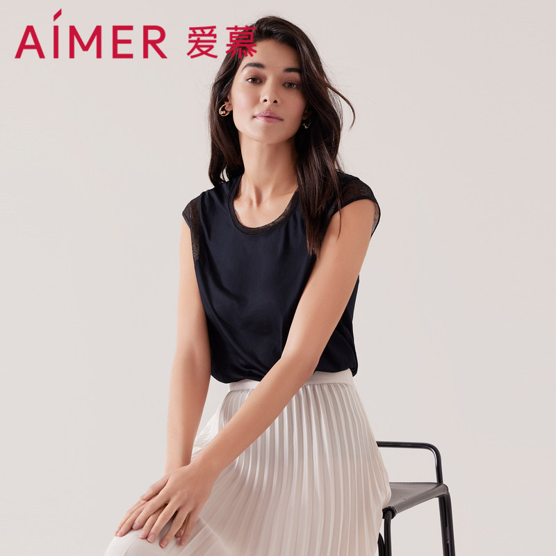 爱慕春夏圆领小包袖打底女外穿莫代尔网纱拼接纯色休闲背心上衣