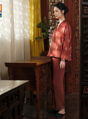 爱慕皇锦睡衣女秋冬红色桑蚕丝分身家居服套装-飞鸟衔花HJ21512