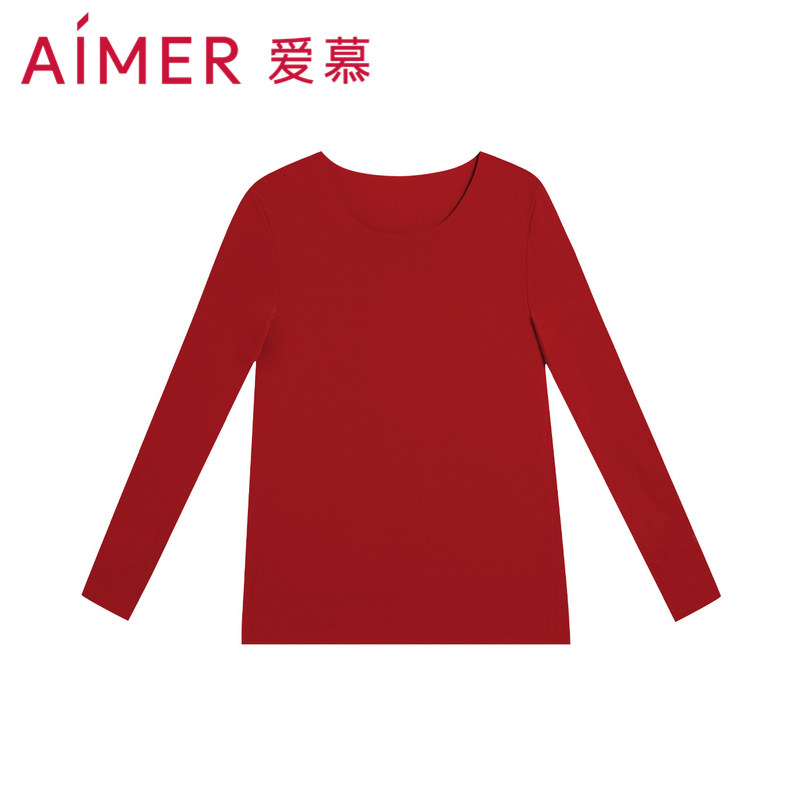爱慕甄选保暖衣女士秋衣长袖上衣打底秋冬季圆领黑色红色中厚新款