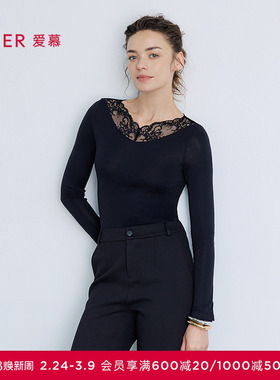 爱慕蕾丝搭底秋冬女含羊毛含桑蚕丝v领长袖打底上衣AM72B862