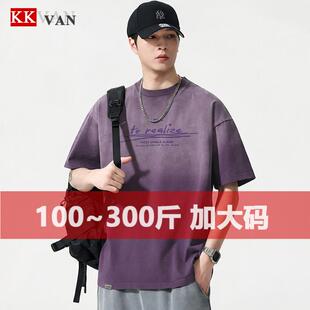 洗水渐变T恤男宽松复古做旧字母印花短袖 夏季 男装 100%纯棉特大码