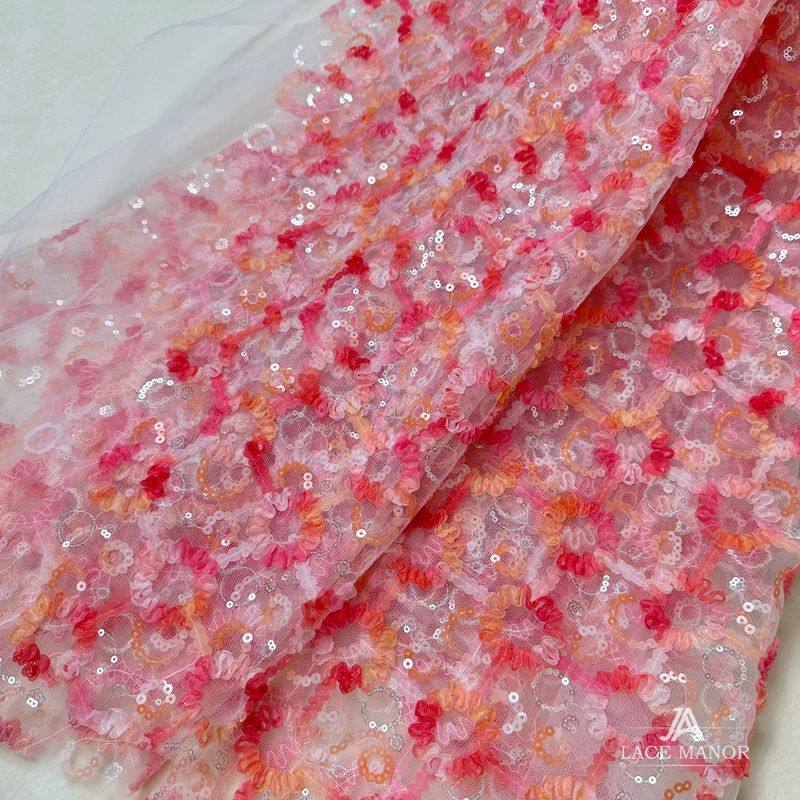 混纺服装亮片立体花网纱刺绣面料