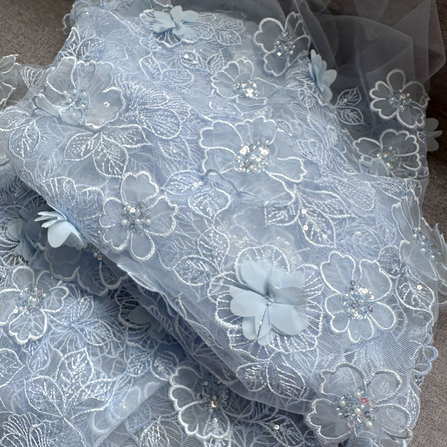 日韩重工蓝色立体花钉珠花片网纱刺绣蕾丝布料连衣裙服装礼服面料