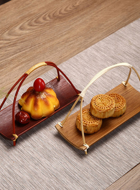 竹编小提篮圆形提手茶点水果篮子 糕点托盘创意小竹篮 多层竹编篮