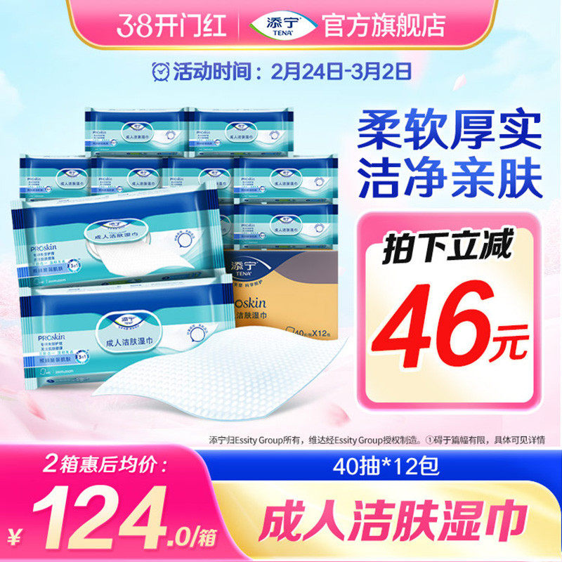 TENA/添宁Proskin成人洁肤柔软湿巾随身装40抽*12包家用手口可用