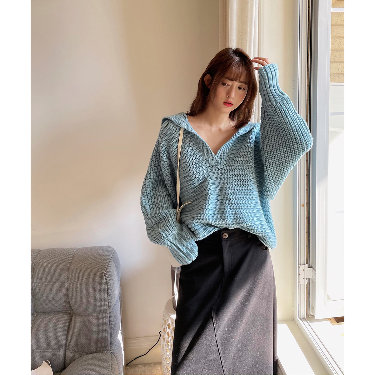 晶咕慵懒风海军翻领针织毛衣