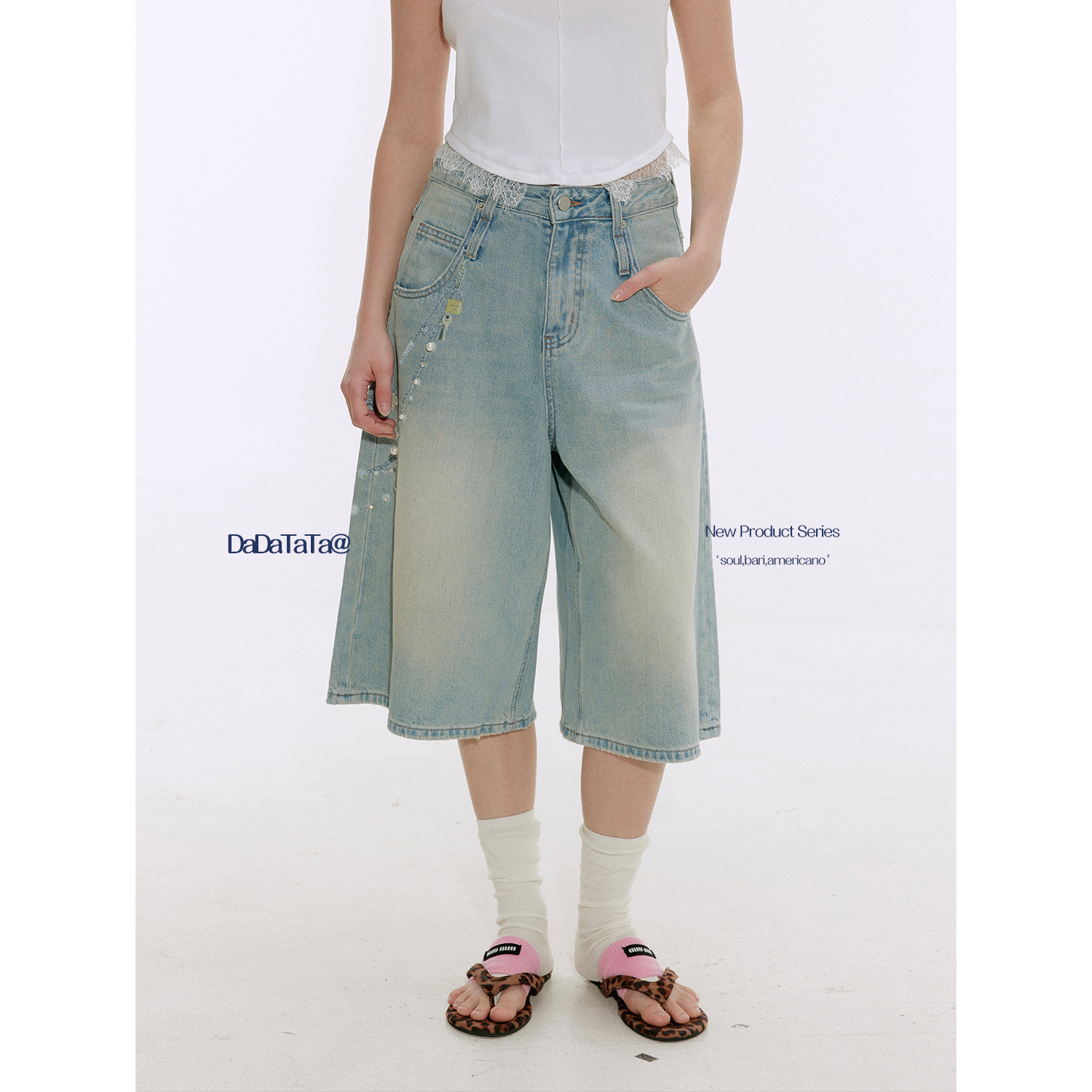 晶咕白标DADATATA【坠落奢华】100棉链条印花复古潮流牛仔中裤