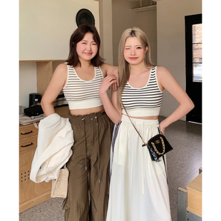 胖mm撞色条纹背心 晶咕白标DADATATA镂空带胸垫吊带背心女夏季