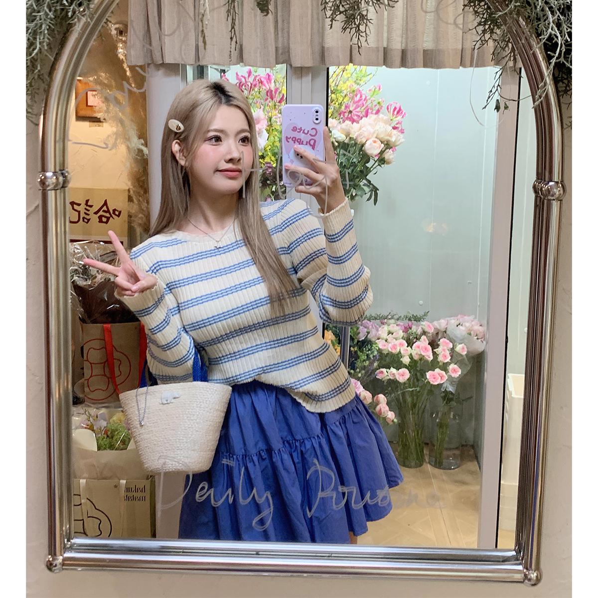 晶咕横条纹超大弹力修身针织衫