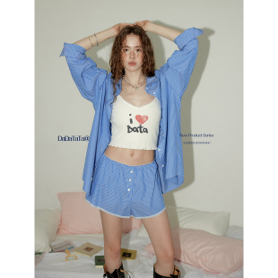 休闲短裤 胖mm宽松条纹衬衫 两件套女 风涧织条 晶咕白标DADATATA