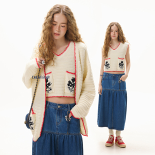 撞色针织马甲开衫 晶咕白标DADATATA2026春季 新款 小憩时光 套装