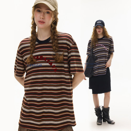 晶咕白标DADATATA 2026夏季新款【条纹玩咖】大码女装胖mm短袖T恤