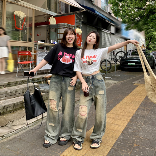 晶咕白标DADATATA多色印花短袖T恤毛边破洞牛仔裤女夏季大码套装