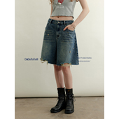 百搭短裤 晶咕白标DADATATA 女秋季 复古磨破做旧牛仔中裤 老友记