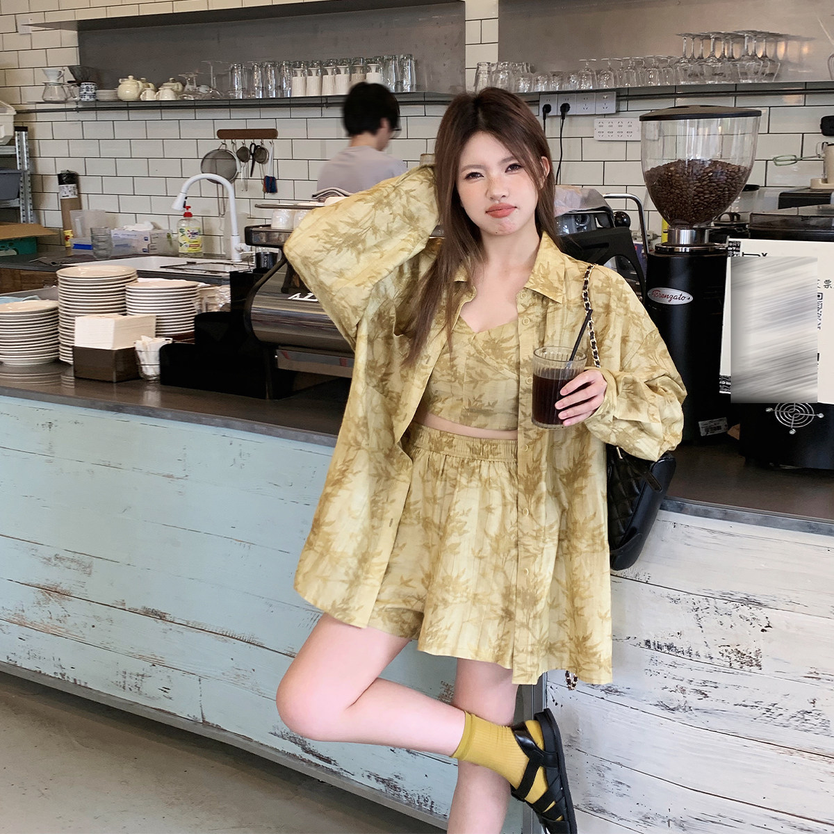 晶咕白标DADATATA竹叶图案长袖衬衫女早秋大码套装,女装/女士精品,时尚套装,淘宝优惠券,粉丝福利购,淘宝优惠卷