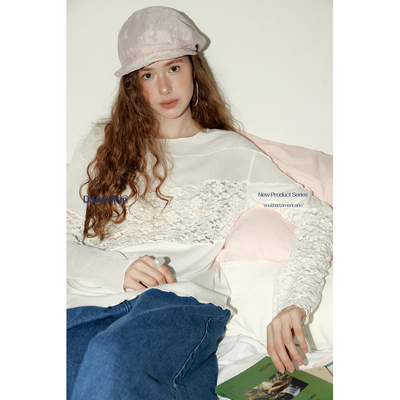 【沈羽洁同款】晶咕白标DADATATA镂空针织蕾丝长袖T恤秋大码上衣