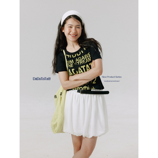 短裙 女夏带腰带褶皱经典 晶咕白标DADATATA 涂鸦字母印花短袖