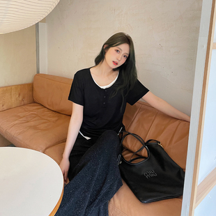 T恤女胖mm大码 晶咕白标DADATATA撞色假两件圆领抽褶短袖 休闲上衣